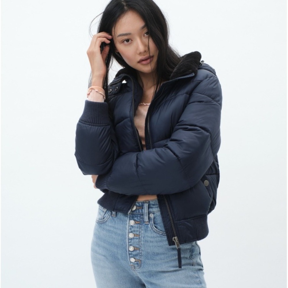 Aeropostale Classic Hooded Puffer Jacket Faux Fur Trim Remixed Down Navy Blue XS